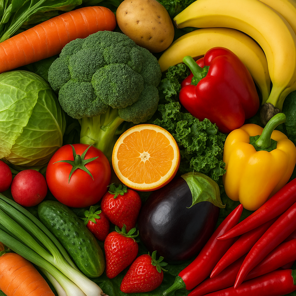 Fresh produce — tomatoes, bananas, peppers, herbs