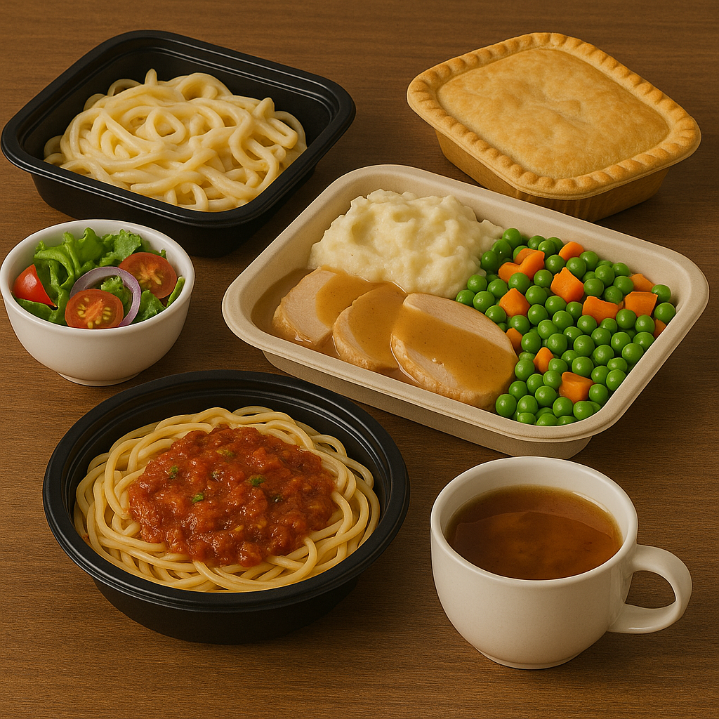 Ready meals — pasta tray, roast with sides, salad